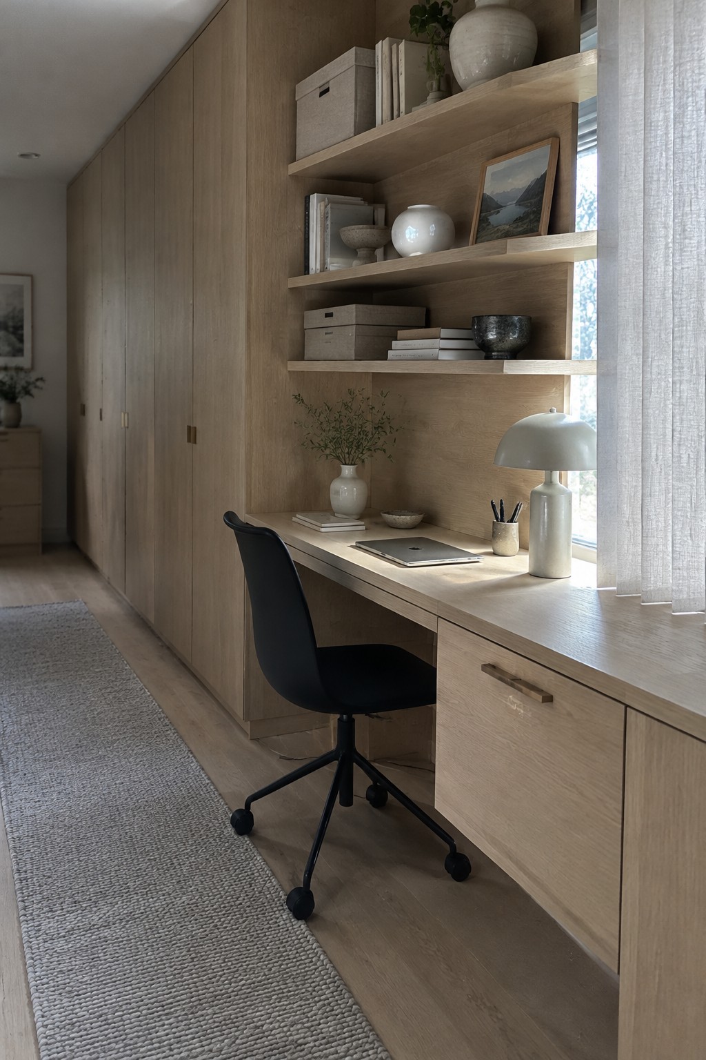 A light wood built-in desk with open shelves above it, a black office chair pulled up, and a window to the right.