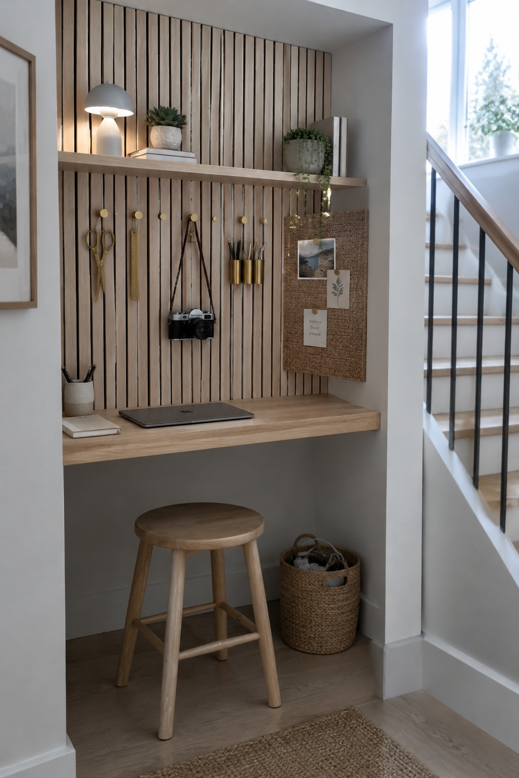 A compact workspace nook under a staircase with a floating light wood desk, vertical wood slat wall, wooden stool, and woven basket on the floor.