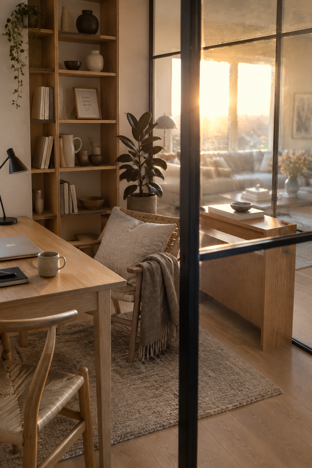 A Scandinavian-style home office with a light wood desk, woven chair, and built-in wooden shelving holding books and ceramics beside a large window.