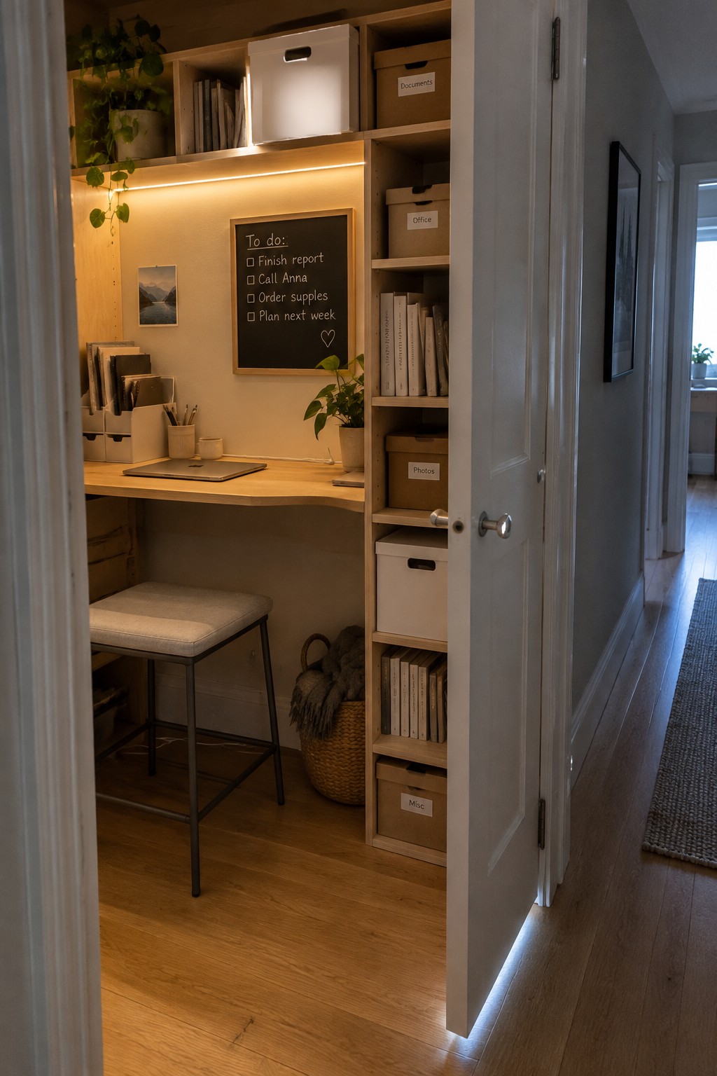 A compact home office built into a closet with light wood desk, shelves, a stool, and labeled storage boxes.