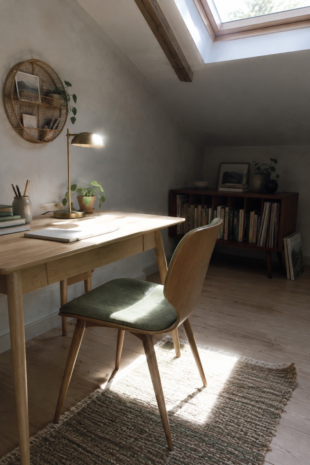 A light wood desk with a green upholstered chair sits beneath a skylight in an attic-style home office, with a brass lamp, plants, and a woven rug visible.