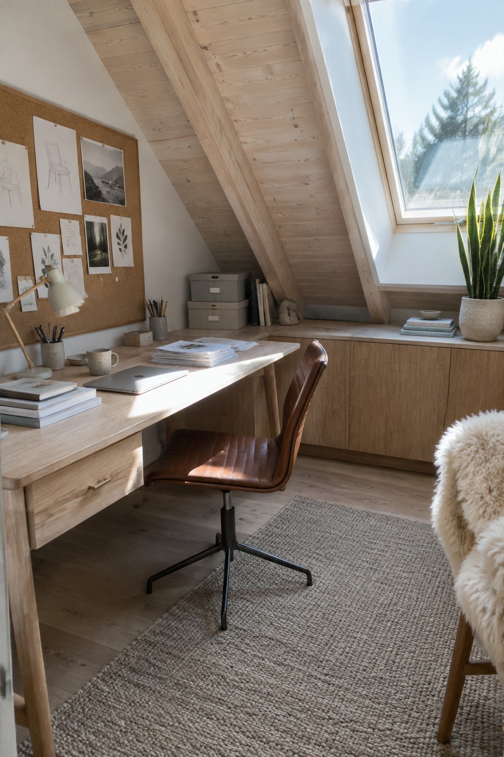 Sunlit attic office with wooden desk, brown leather chair, corkboard, and woven rug
