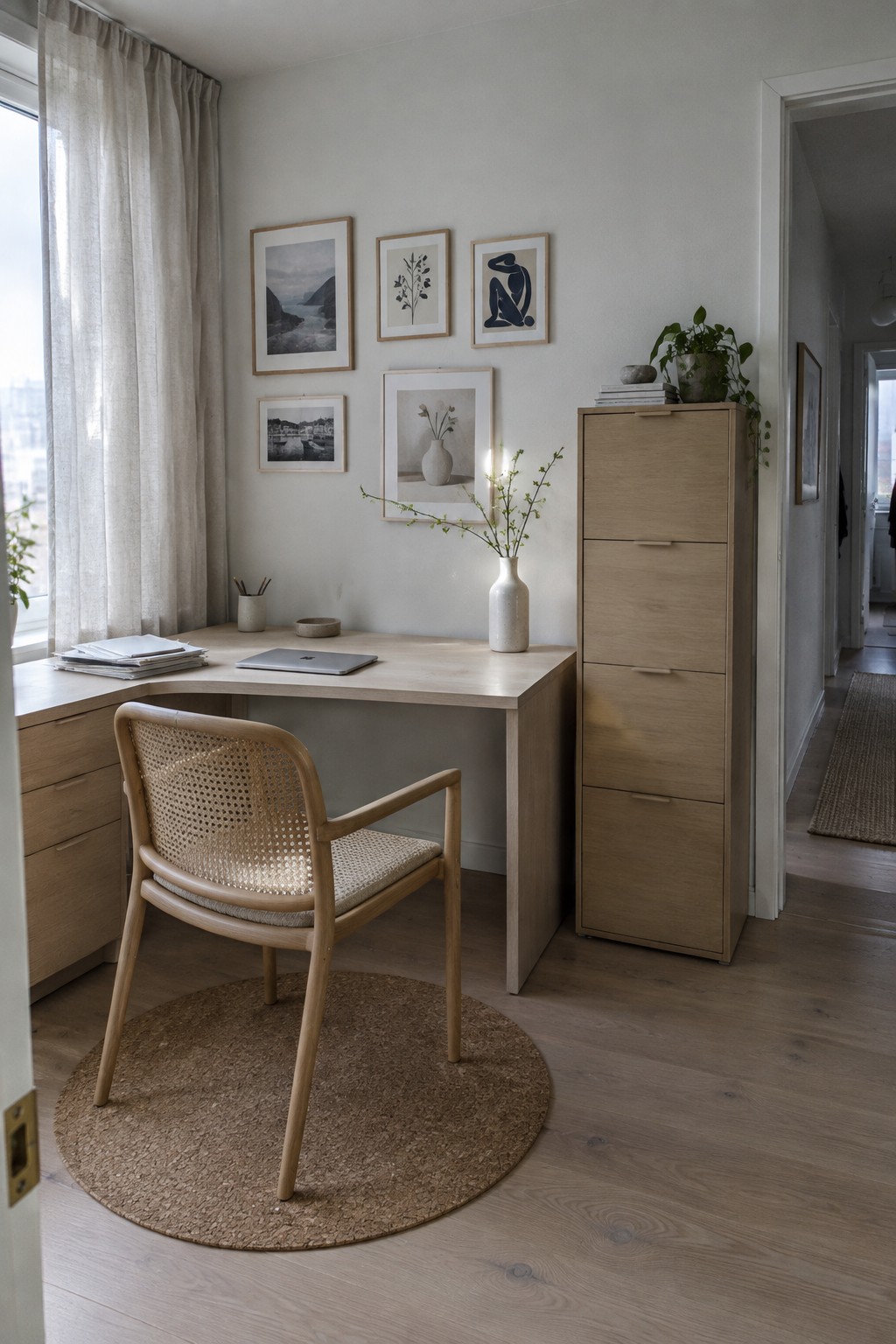 A light wood L-shaped desk in a corner with a woven cane chair on a round rug, a tall light wood cabinet to the right, and framed art on the wall above.