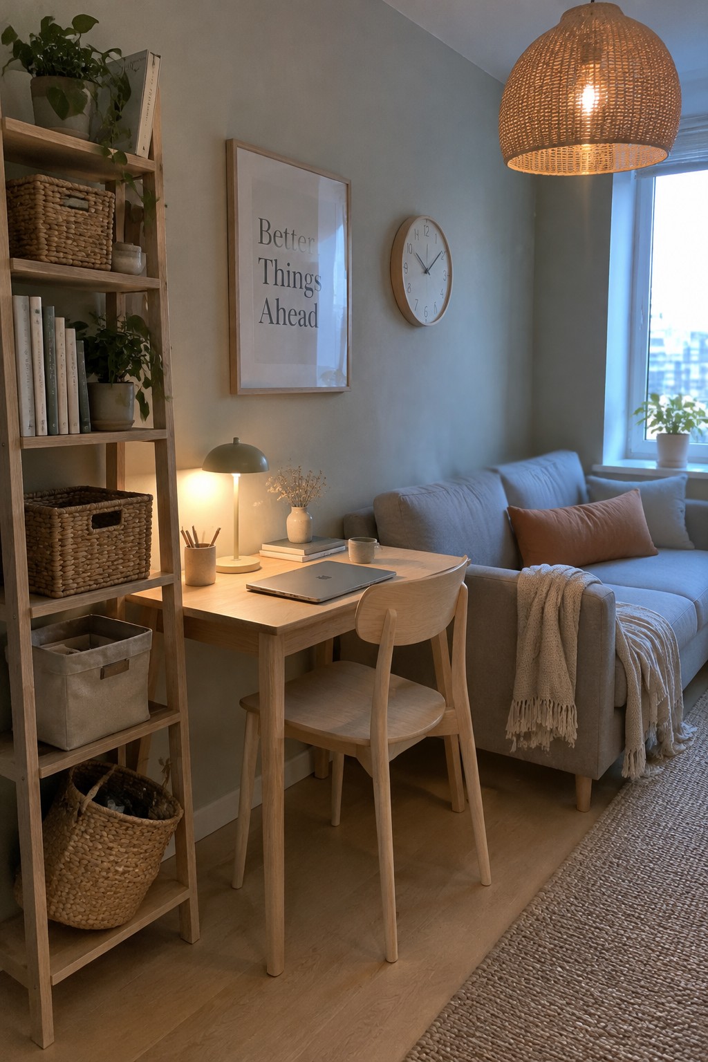 Minimalist workspace with wooden desk, laptop, lamp, gray sofa, and woven pendant light.