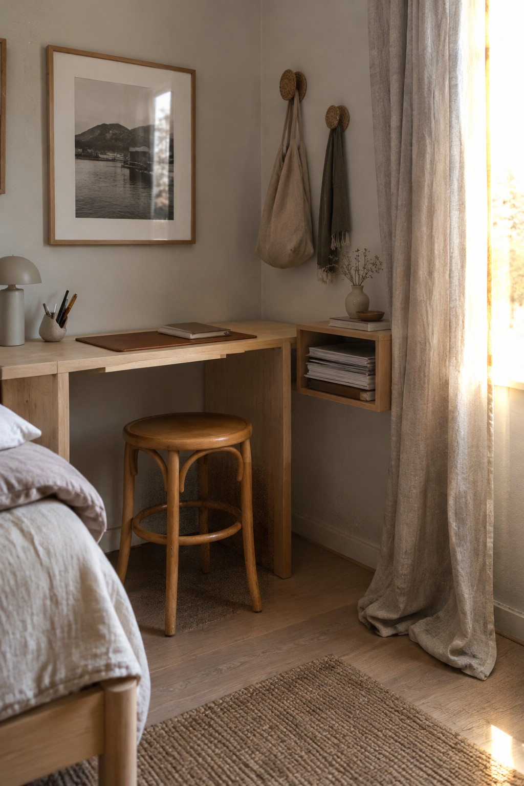 A light wood desk with a round wooden stool sits in a neutral corner beside a window with sheer linen curtains.