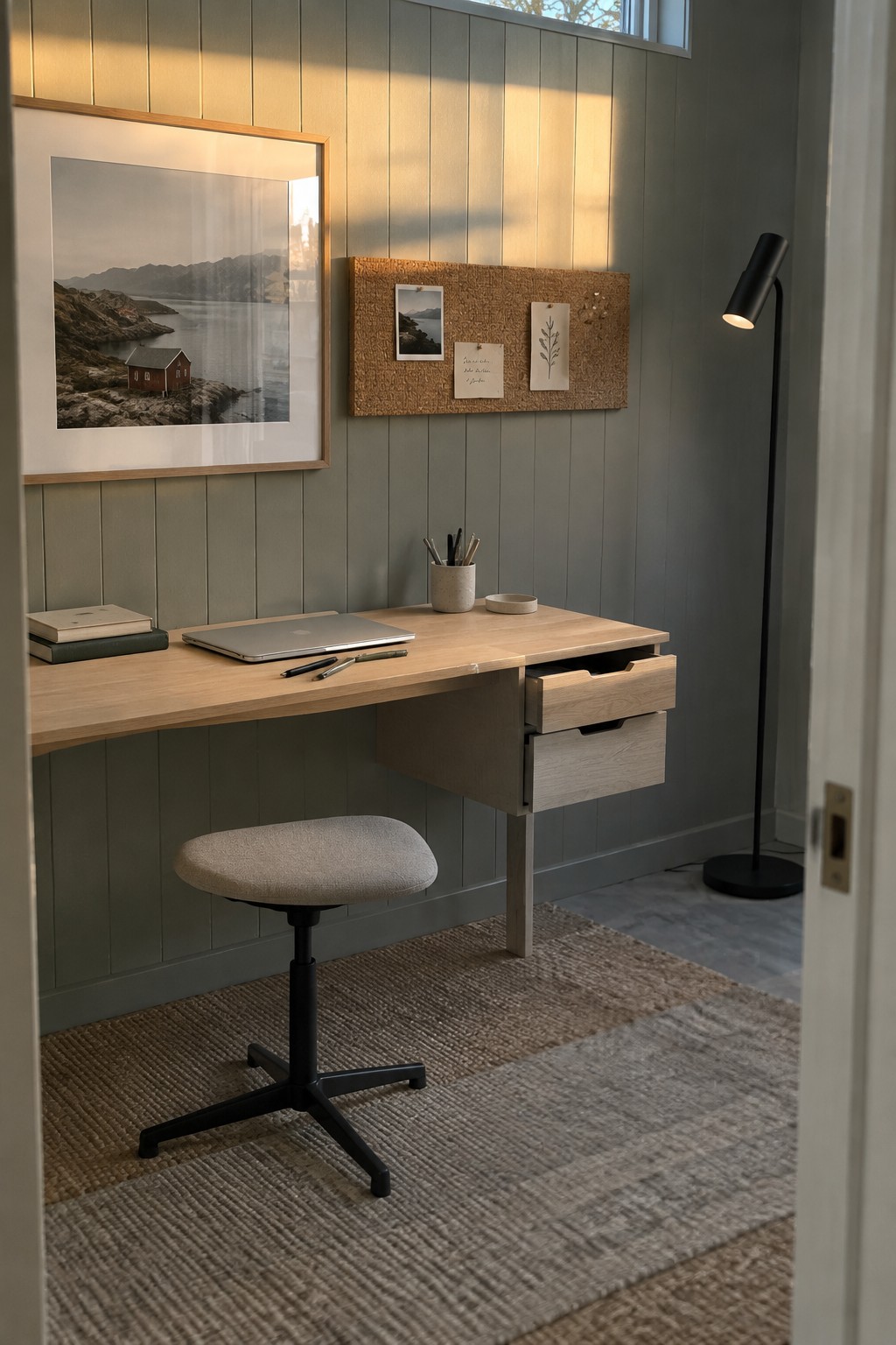 A light wood desk with two drawers sits against a gray paneled wall beneath a framed landscape photo and corkboard, with a gray upholstered stool on a woven rug in front.