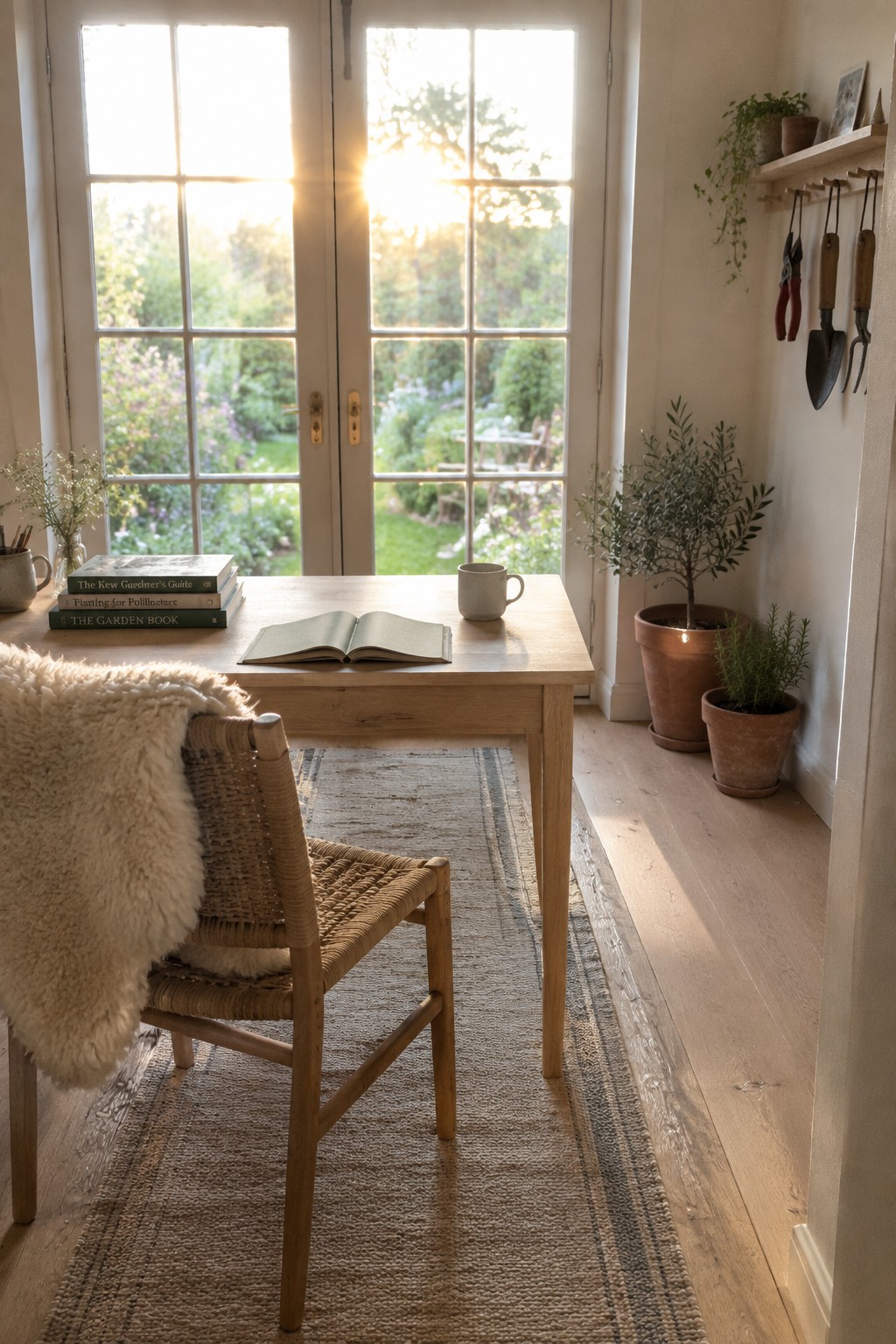 A light wood desk with an open book and ceramic mug sits before glass doors, paired with a woven chair draped in sheepskin on a striped rug.