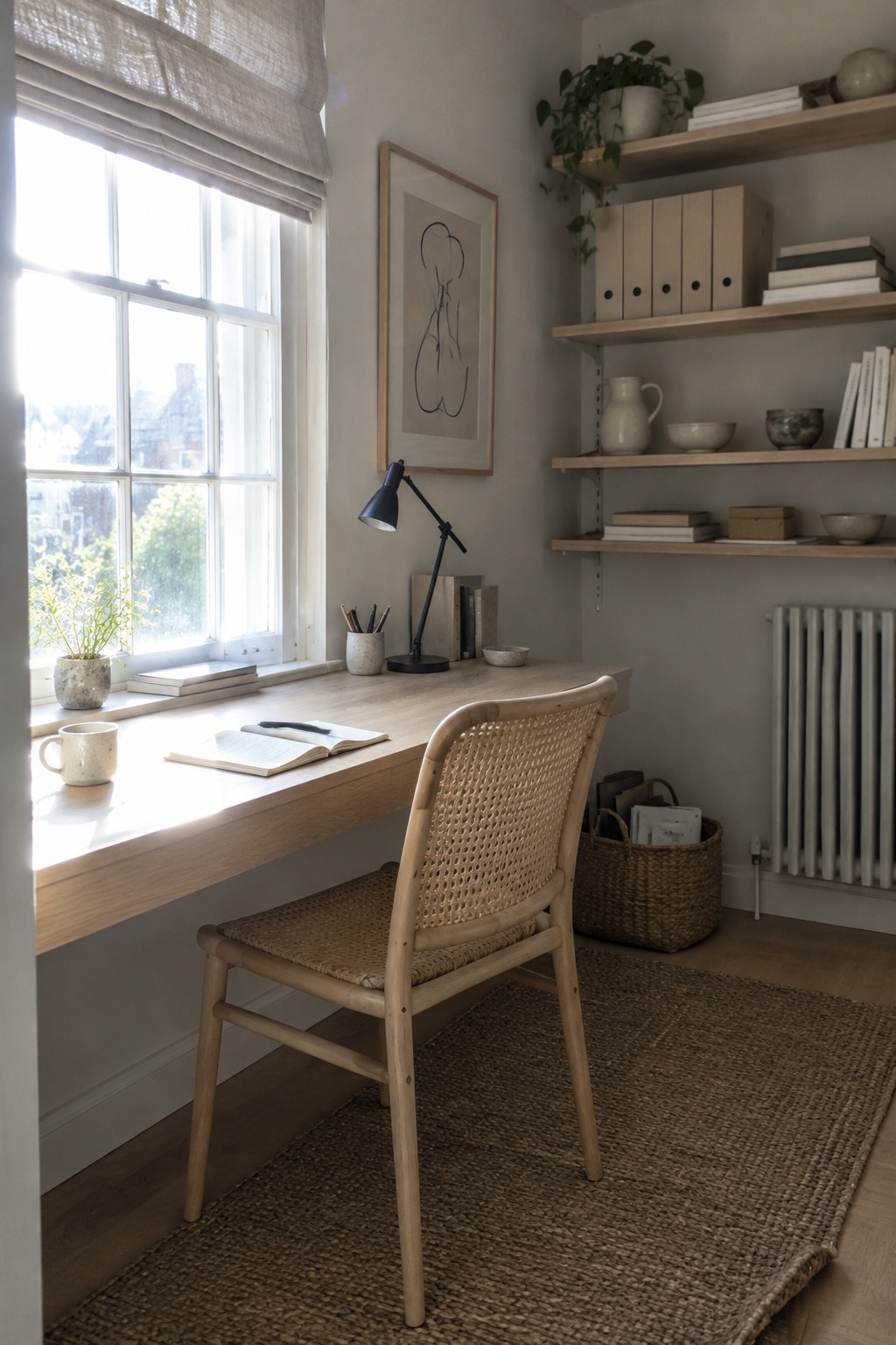 A light wood desk with an open notebook and black desk lamp sits beside a woven chair in front of a window, with floating shelves on the right wall.