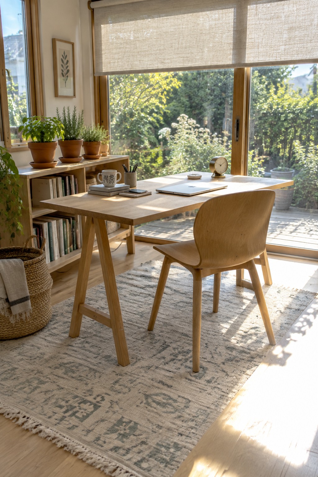 A light wood desk with a matching chair sits on a patterned rug in front of large windows in a home office.