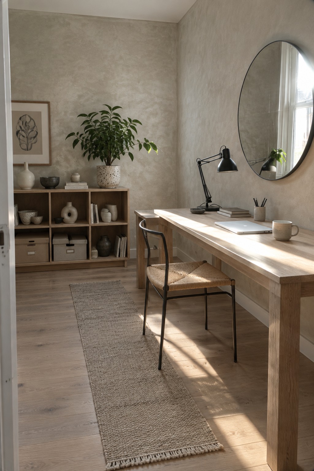 A light wood desk with a woven chair is positioned against a neutral wall beside an open wooden shelf unit, with a round mirror and black desk lamp visible.