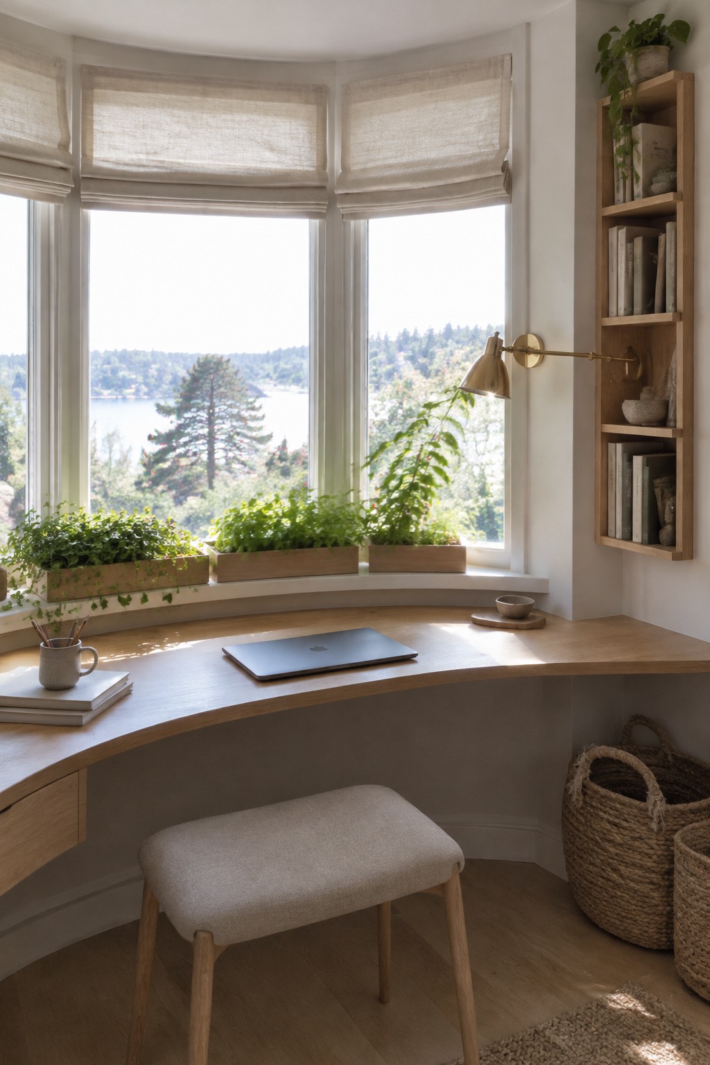 A light wood curved desk built under a bay window with plants on the sill, a fabric stool in front, and a wooden wall shelf with books to the right.