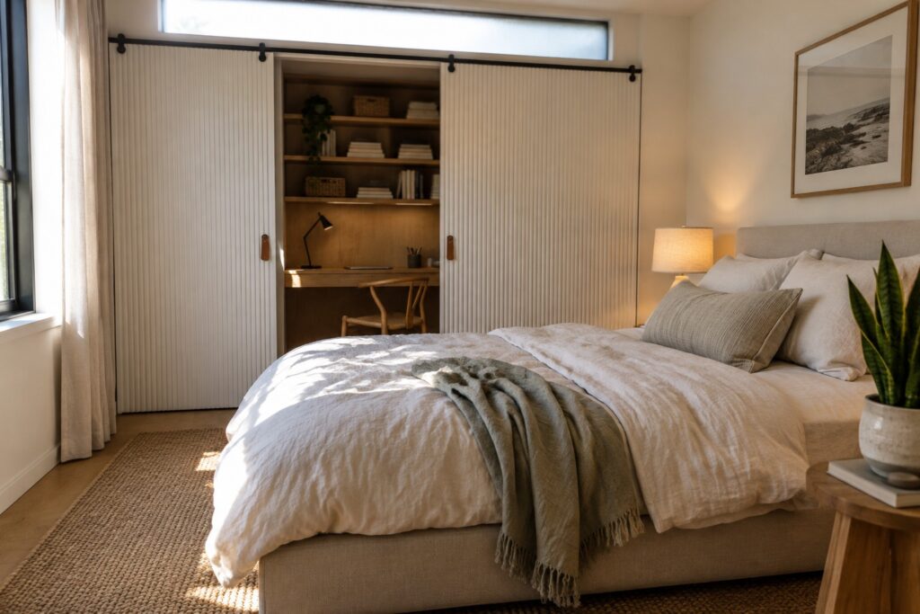 Minimalist bedroom with rumpled linen bed, jute rug, and open barn doors to desk nook.