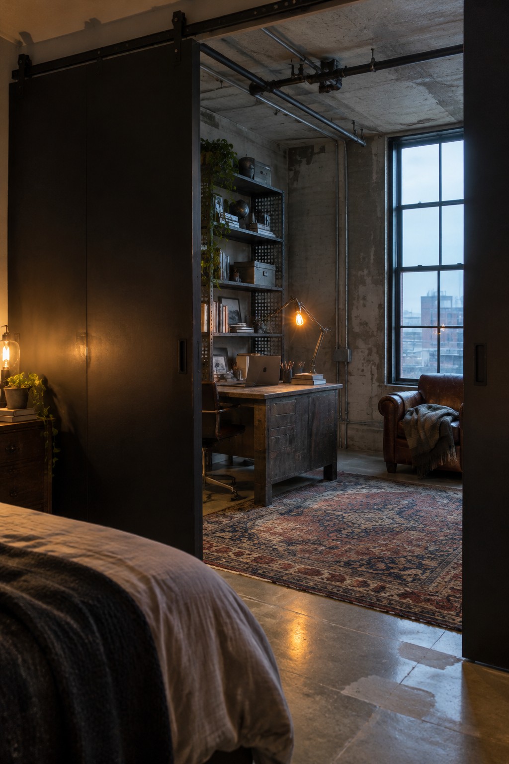 A bedroom with a large black sliding door partially open, revealing a rustic home office with a wooden desk, metal shelves, a rolling chair, and a large window.