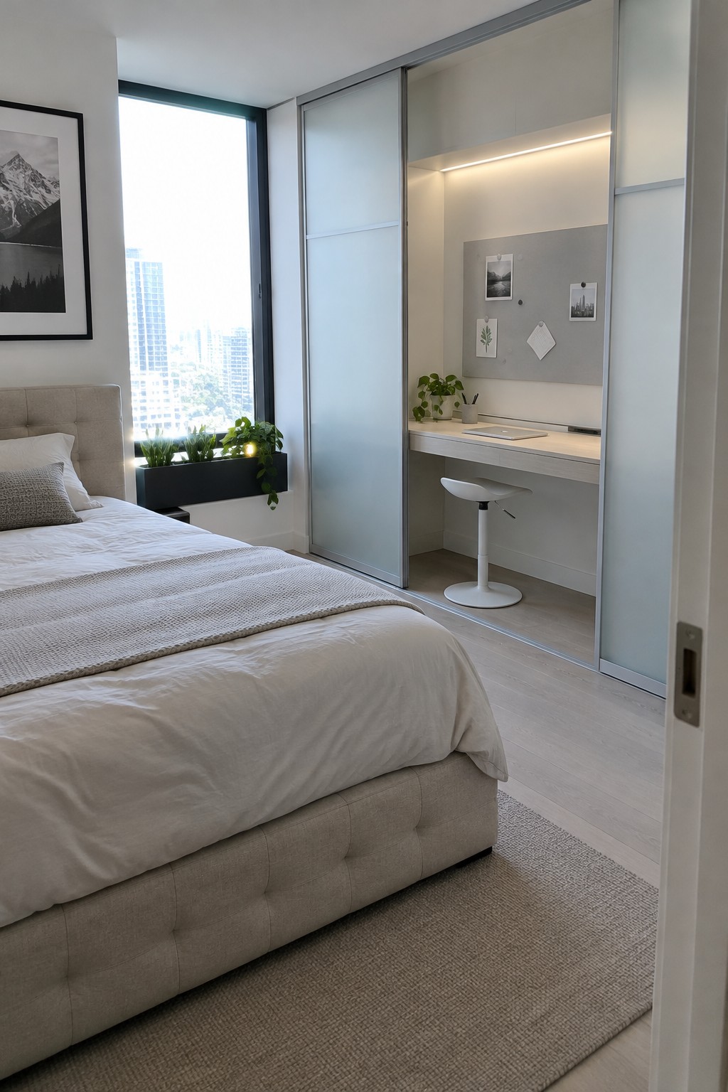 A bedroom with a large bed on the left and a small desk with stool visible inside an open closet area behind sliding frosted glass doors.