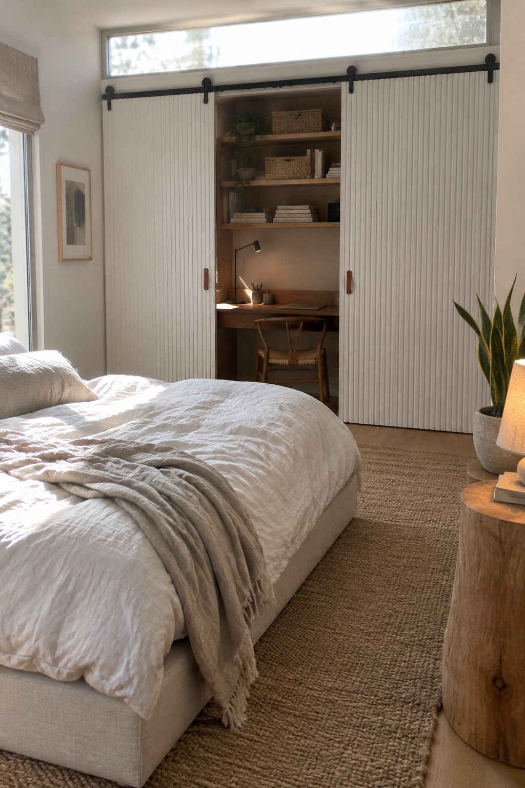 Minimalist bedroom with rumpled linen bed, jute rug, and open barn doors to desk nook.
