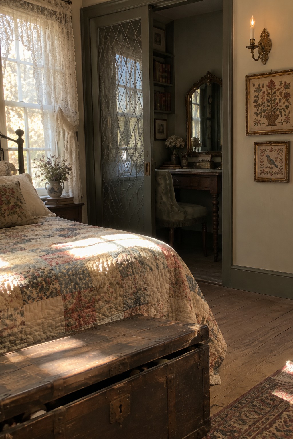 A bedroom featuring a patchwork quilt on the bed, a dark wooden trunk at the foot, and an open sliding door with diamond-pattern glass revealing a small desk and upholstered chair in the alcove beyond.