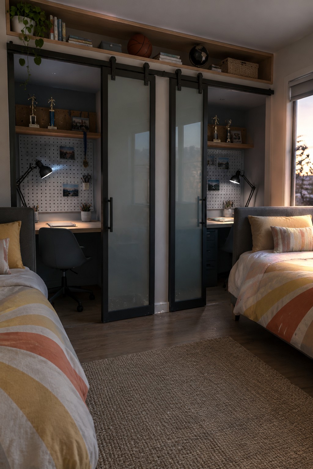 A bedroom with two beds and black-framed sliding frosted glass doors that open to reveal built-in desks and pegboards on both sides.