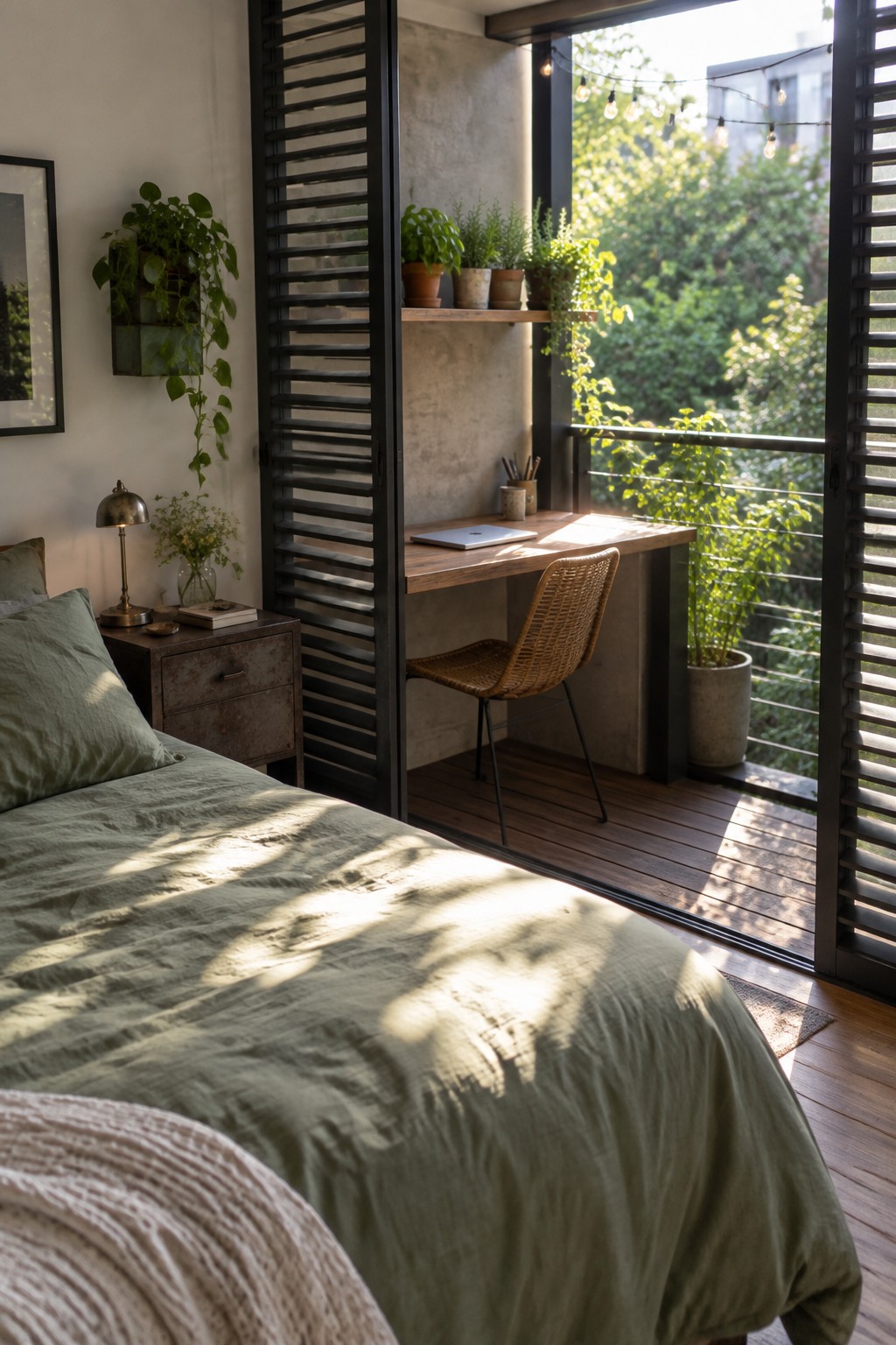 A bedroom interior showing a bed with green bedding and a small wooden desk with a woven chair behind a black slatted sliding panel that opens toward a balcony with plants.