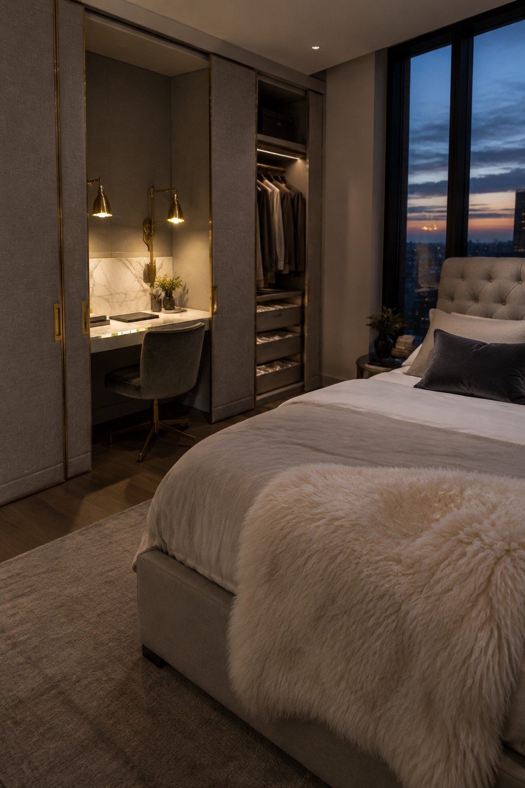 A modern bedroom with open sliding gray panels revealing a built-in desk, velvet chair, and lit closet storage area next to a large bed with a city view.