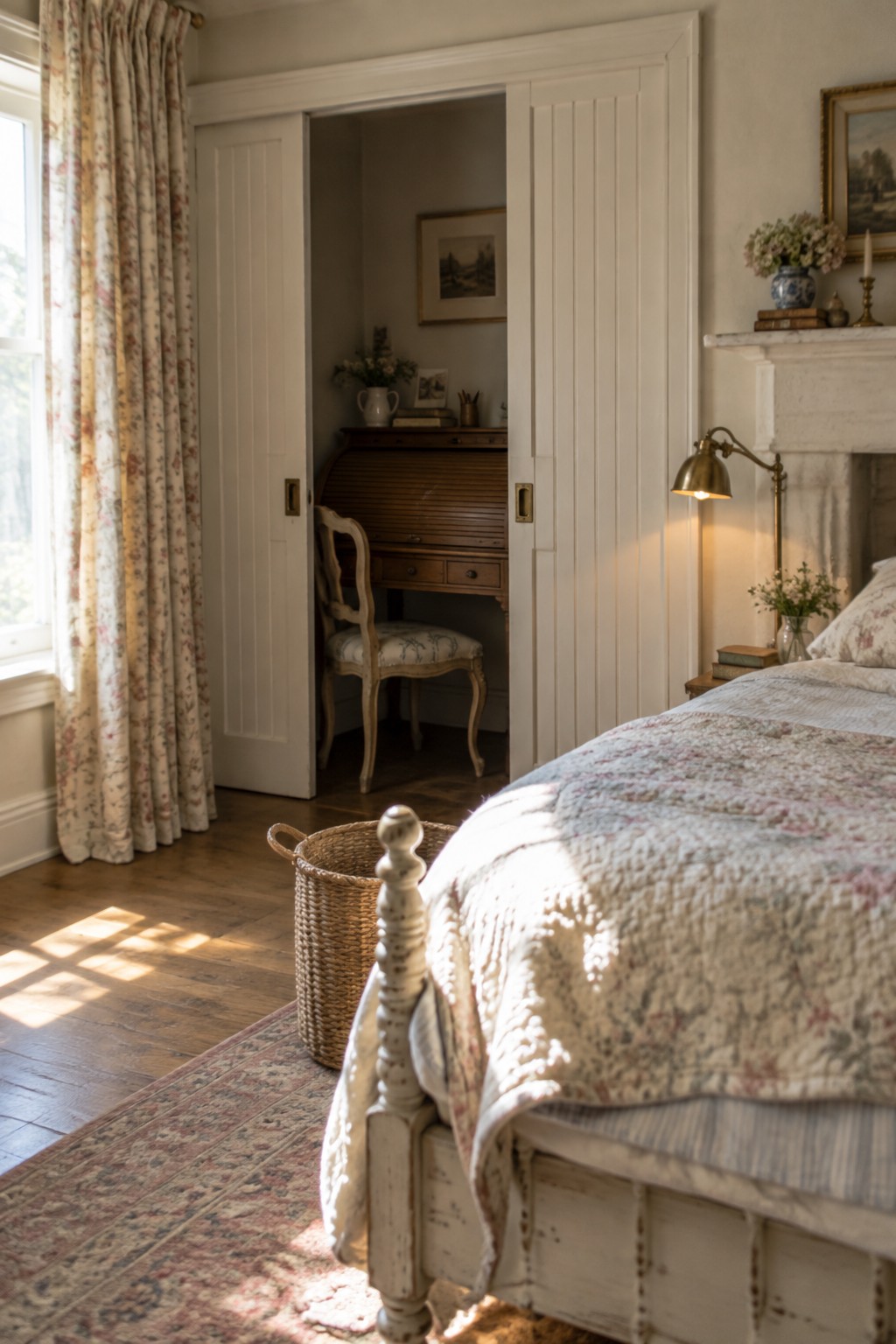 A bedroom view showing open white sliding doors that reveal a small office nook with a wooden roll-top desk and chair.
