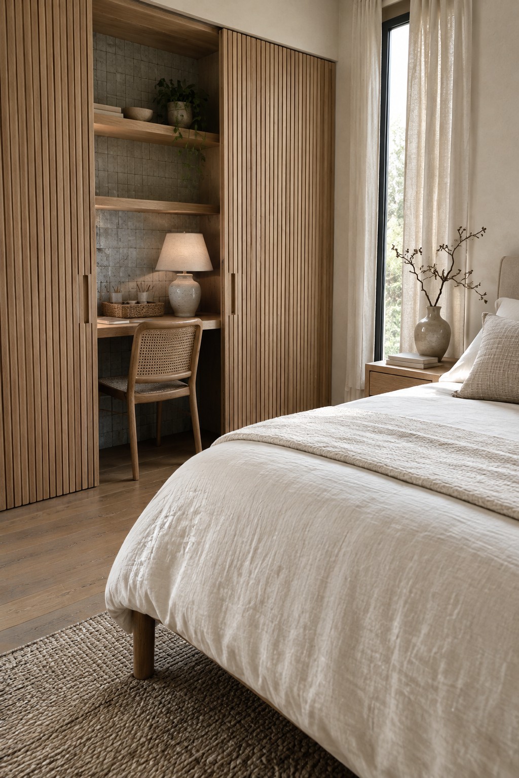 A bedroom interior showing open sliding wood panels that reveal a built-in desk area with a woven chair, lamp, and shelves next to a bed with white bedding.