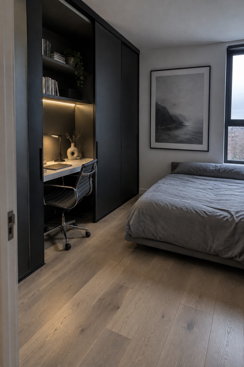 A modern bedroom with a bed on the right and black sliding panels on the left that open to reveal a built-in desk, chair, and illuminated shelves.