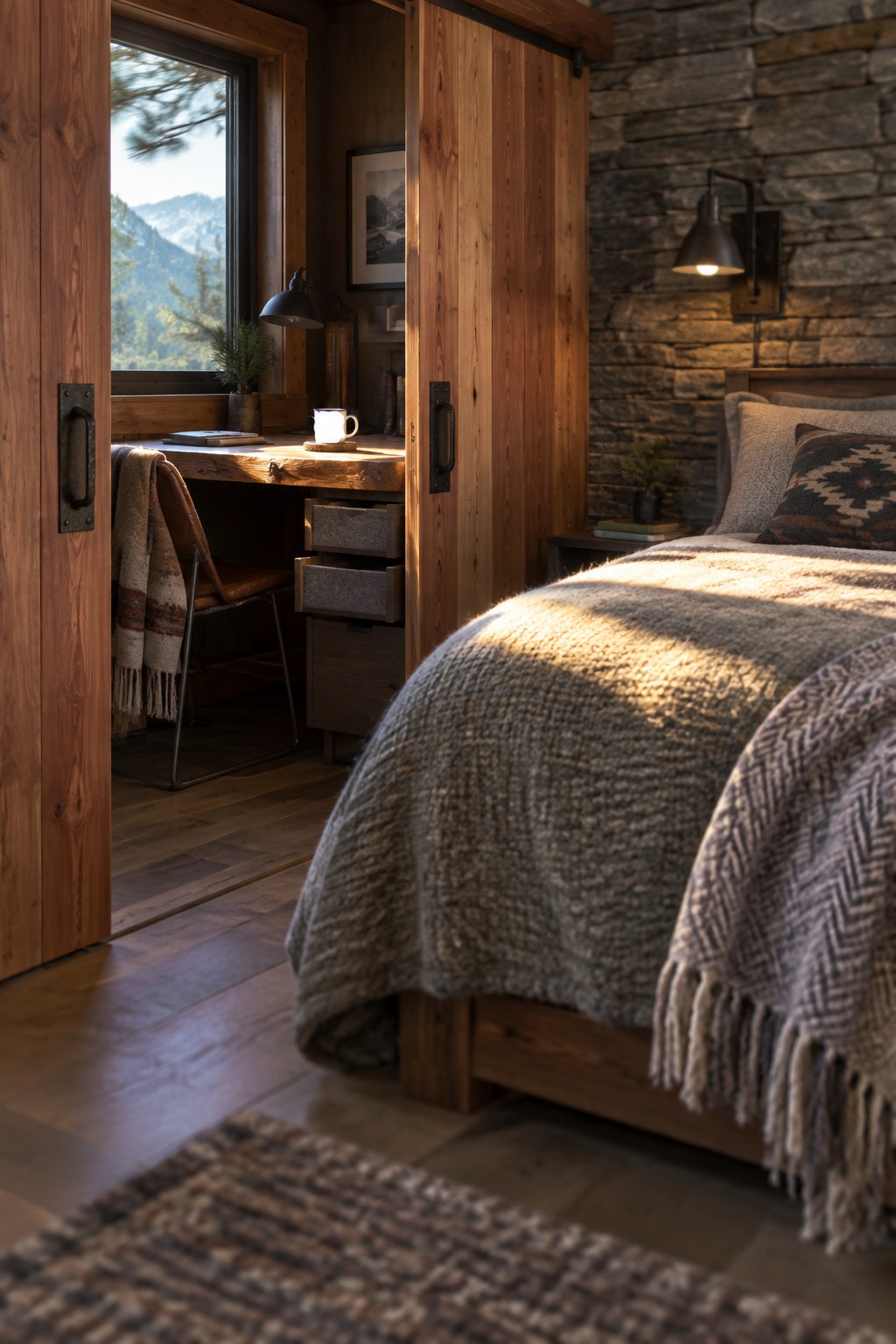 A bedroom featuring a wooden bed with woven blankets beside open sliding barn doors that reveal a small desk, chair, and window overlooking mountains.