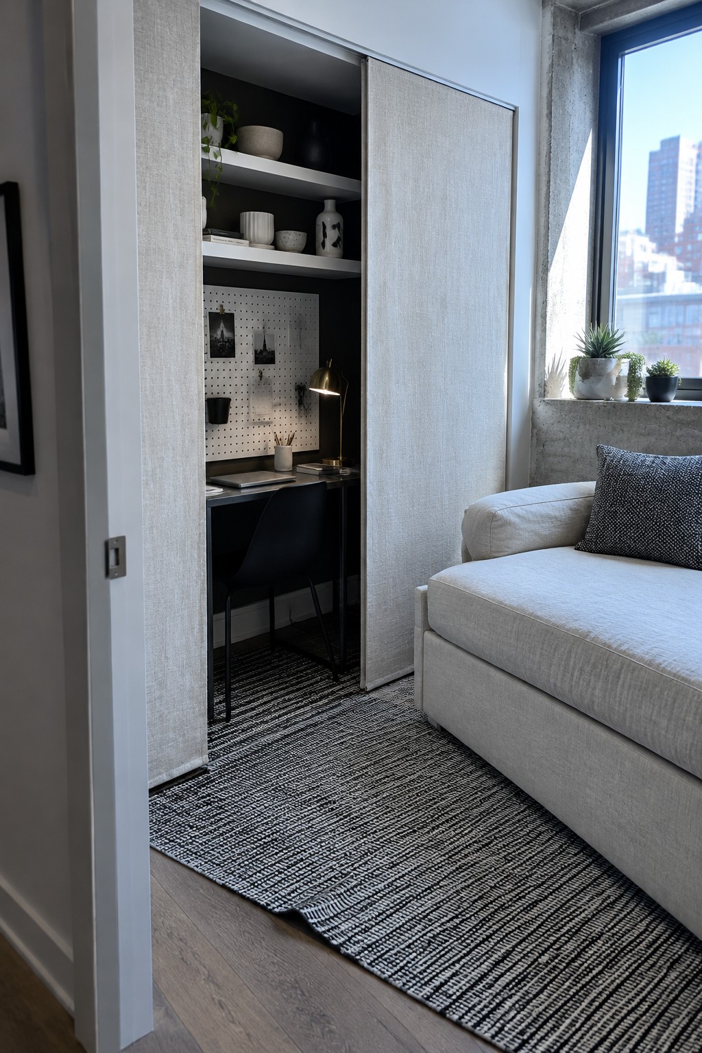A light-colored living space with an open sliding panel revealing a small built-in desk, black chair, pegboard wall, and shelves inside a dark niche.