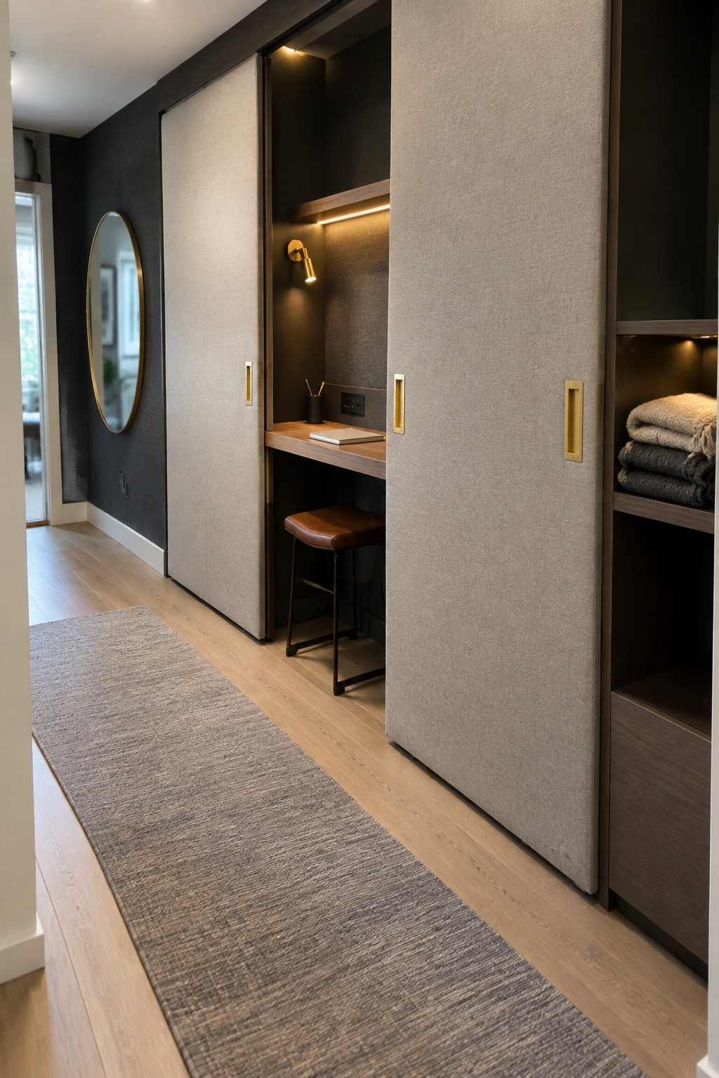 Interior view of a hallway with light wood floors and a long gray rug, showing large beige sliding panels, one open to reveal a built-in desk with stool and integrated lighting.
