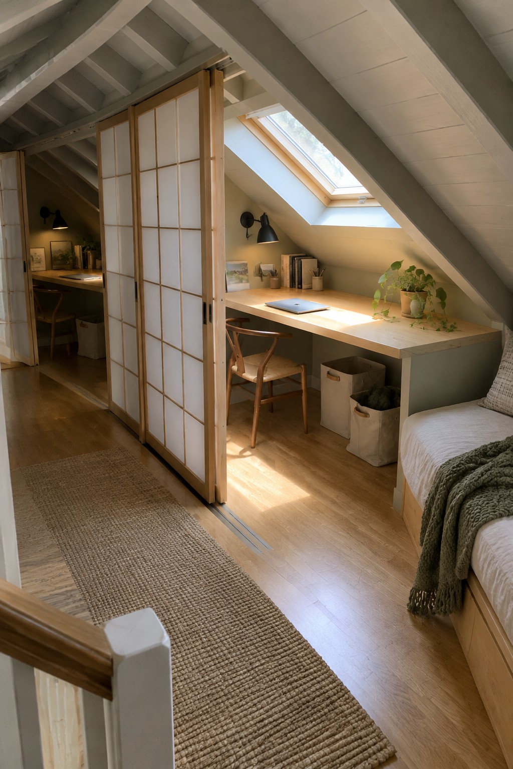 An attic bedroom interior with light wood sliding shoji doors partially open to reveal a built-in desk, chair, and laptop beneath a skylight, next to a bed with a green throw blanket.