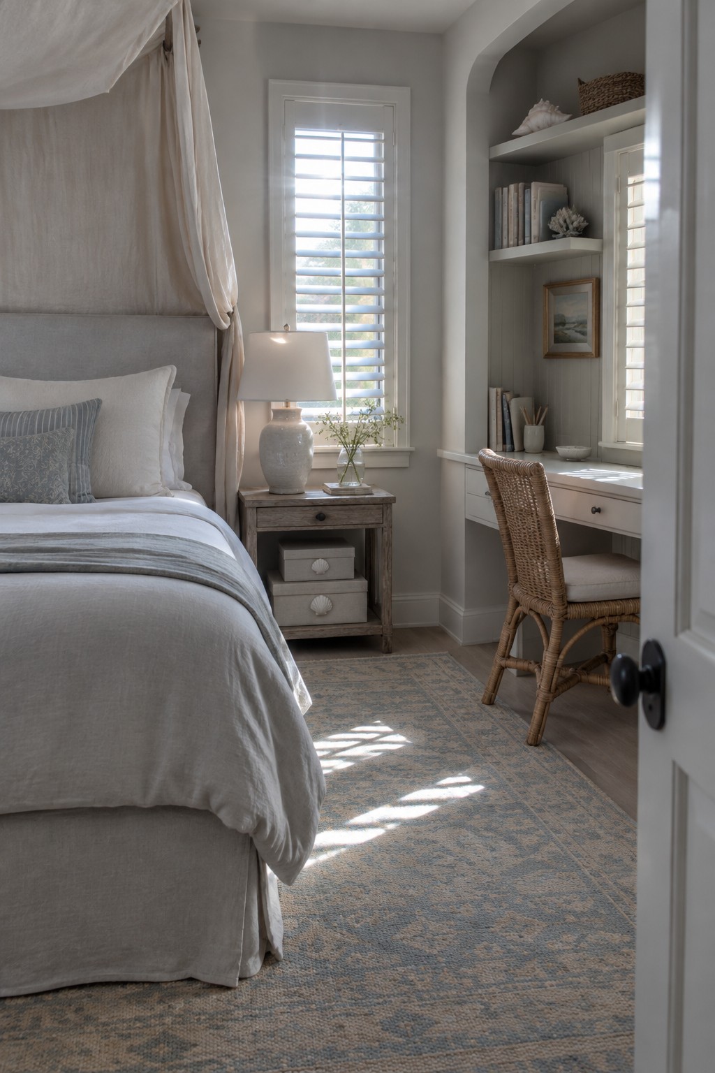 Serene neutral bedroom with canopy bed, nightstand lamp, built-in desk, wicker chair, and blue rug