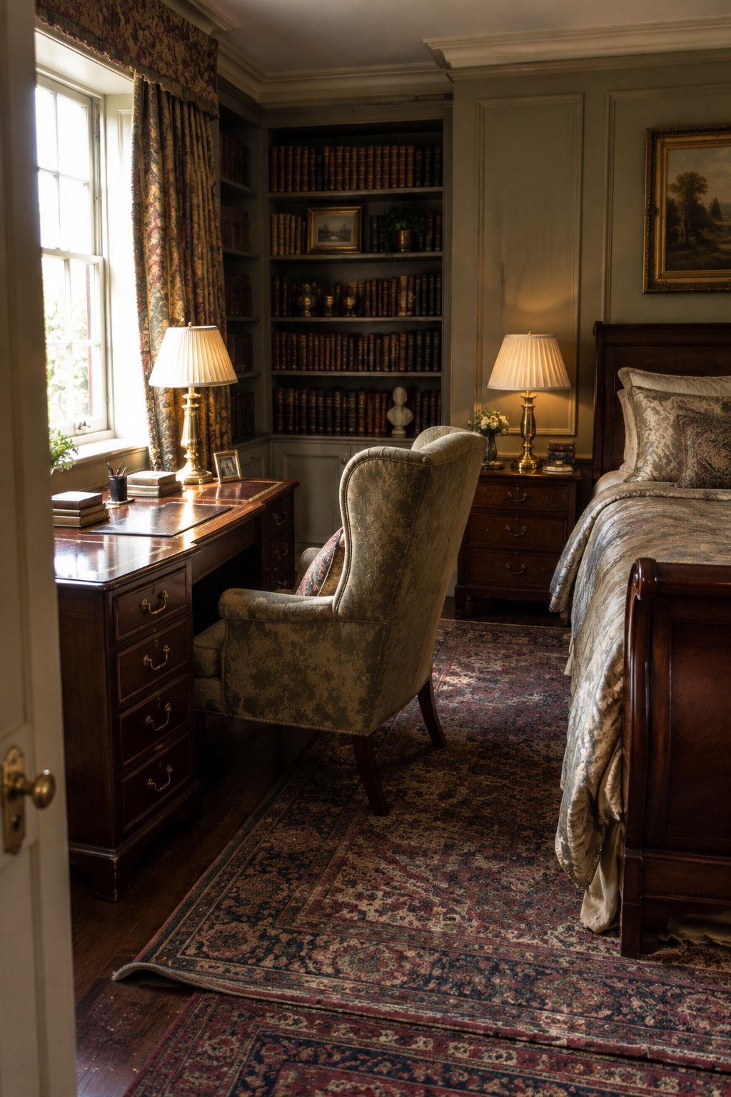 A bedroom interior with a wooden desk under a window, built-in bookshelves filled with books above and beside the desk, an upholstered armchair, and a bed with dark wood frame on the right.