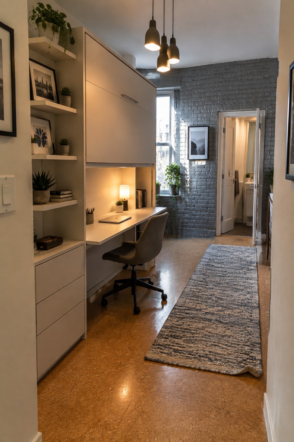 A narrow interior space with white built-in cabinetry including upper doors, lower drawers, and an integrated desk, paired with a gray office chair on a cork floor and a long patterned rug.