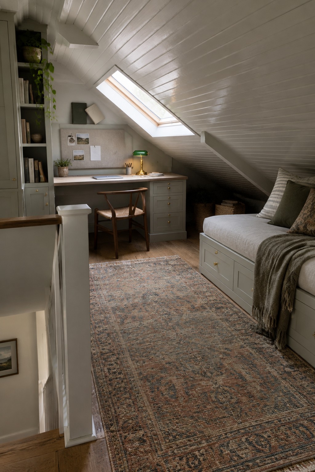 An attic room showing a wooden desk under a skylight with a chair, a gray daybed with storage drawers and pillows along one wall, and a large patterned rug on the wood floor.