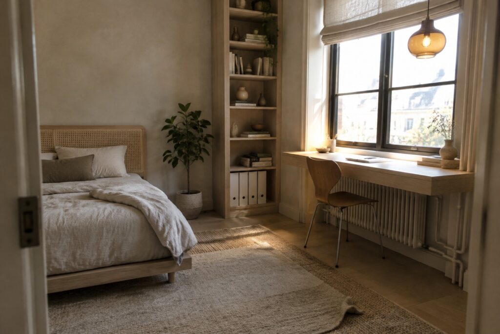 A small bedroom with a low wooden bed on the left and a light wood desk and chair positioned under a large window on the right, with a tall open shelving unit between them.