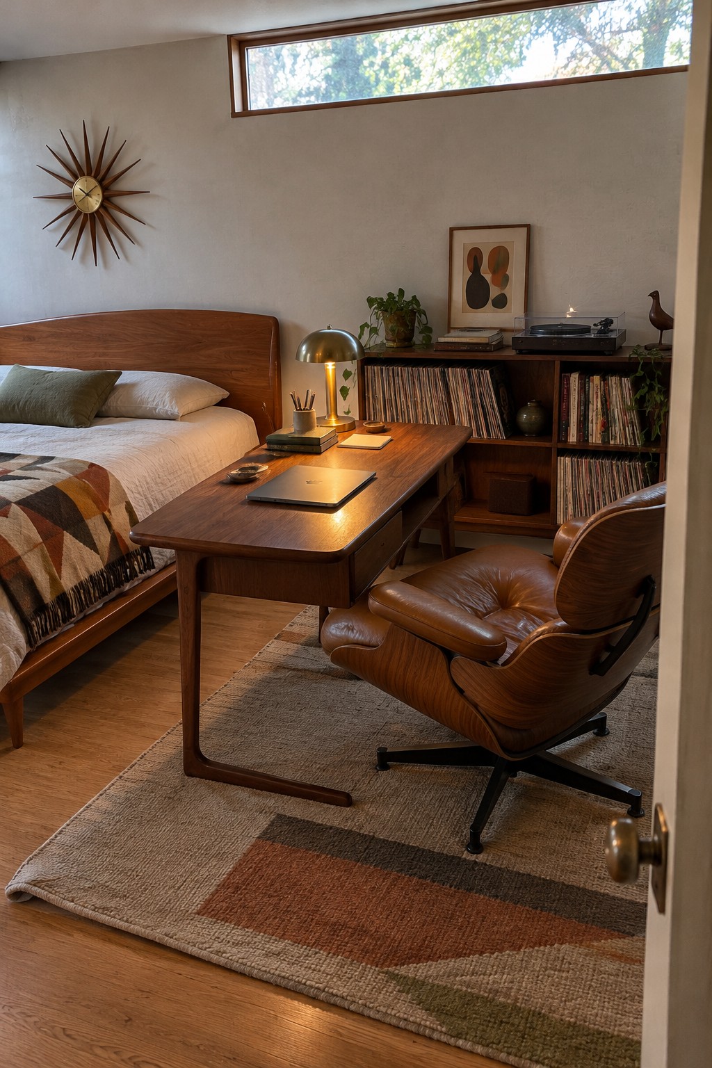 A bedroom with a wooden bed on the left and a wooden desk with a brown leather swivel chair on the right, a record player and bookshelves visible in the background.