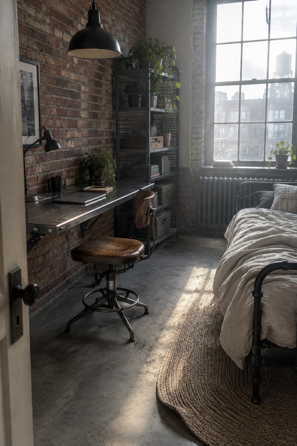 Industrial loft with brick wall, metal desk, leather stool, and sunlit window.