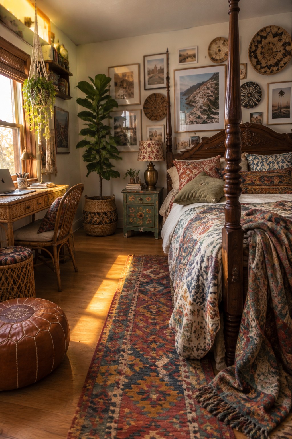 A bedroom with a four-poster bed on the right and a wicker desk with a laptop positioned by a window on the left, surrounded by wall art, a potted plant, and a woven chair.