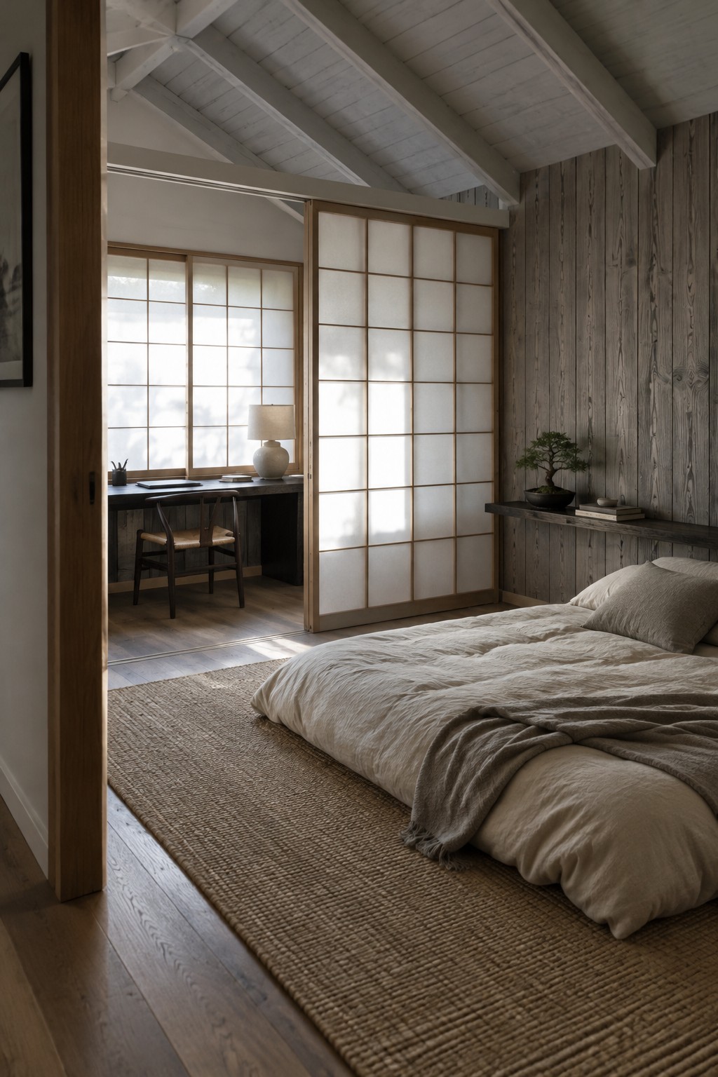 Minimalist Japanese bedroom with shoji screens, low bed on woven rug, and bonsai.