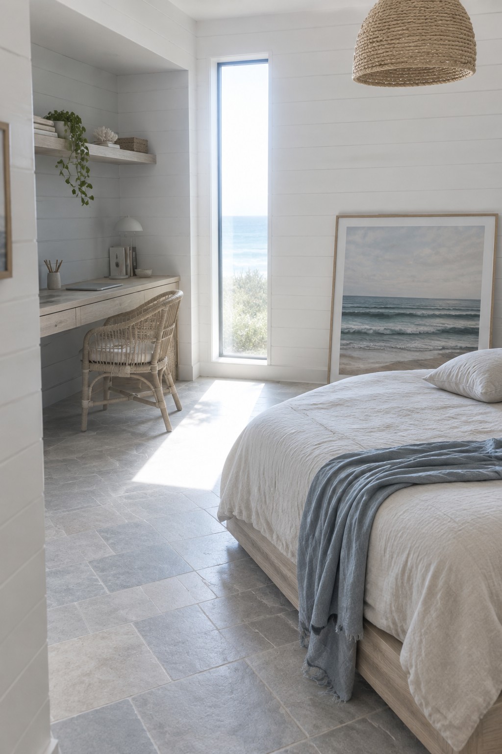 A bedroom interior showing a light wood desk with a woven chair beneath a floating shelf, positioned next to a tall window with an ocean view, and a bed with white bedding and a large framed ocean print on the wall.