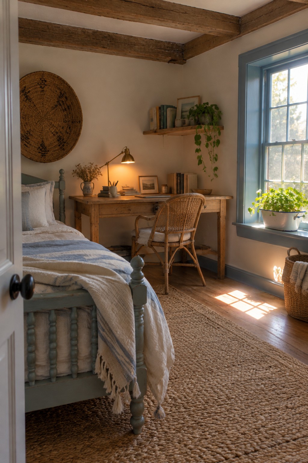 Cozy rustic bedroom with blue spindle bed, wooden desk, wicker chair, and woven rug