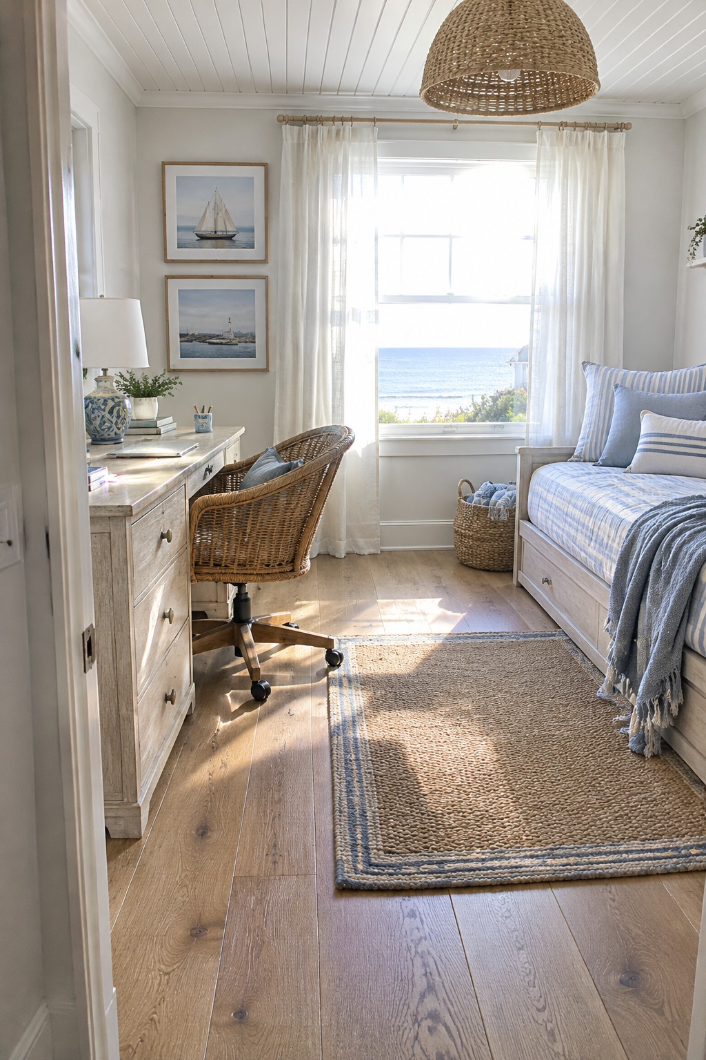 Coastal bedroom with wooden desk, wicker chair, blue daybed, and ocean-view window.