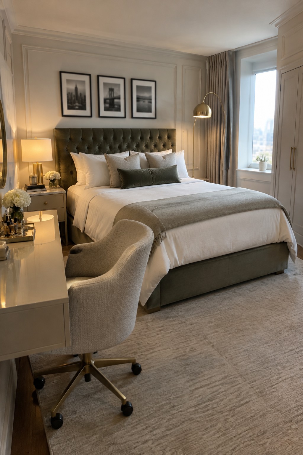 Elegant bedroom with olive tufted headboard, white bedding, desk chair, and rug.