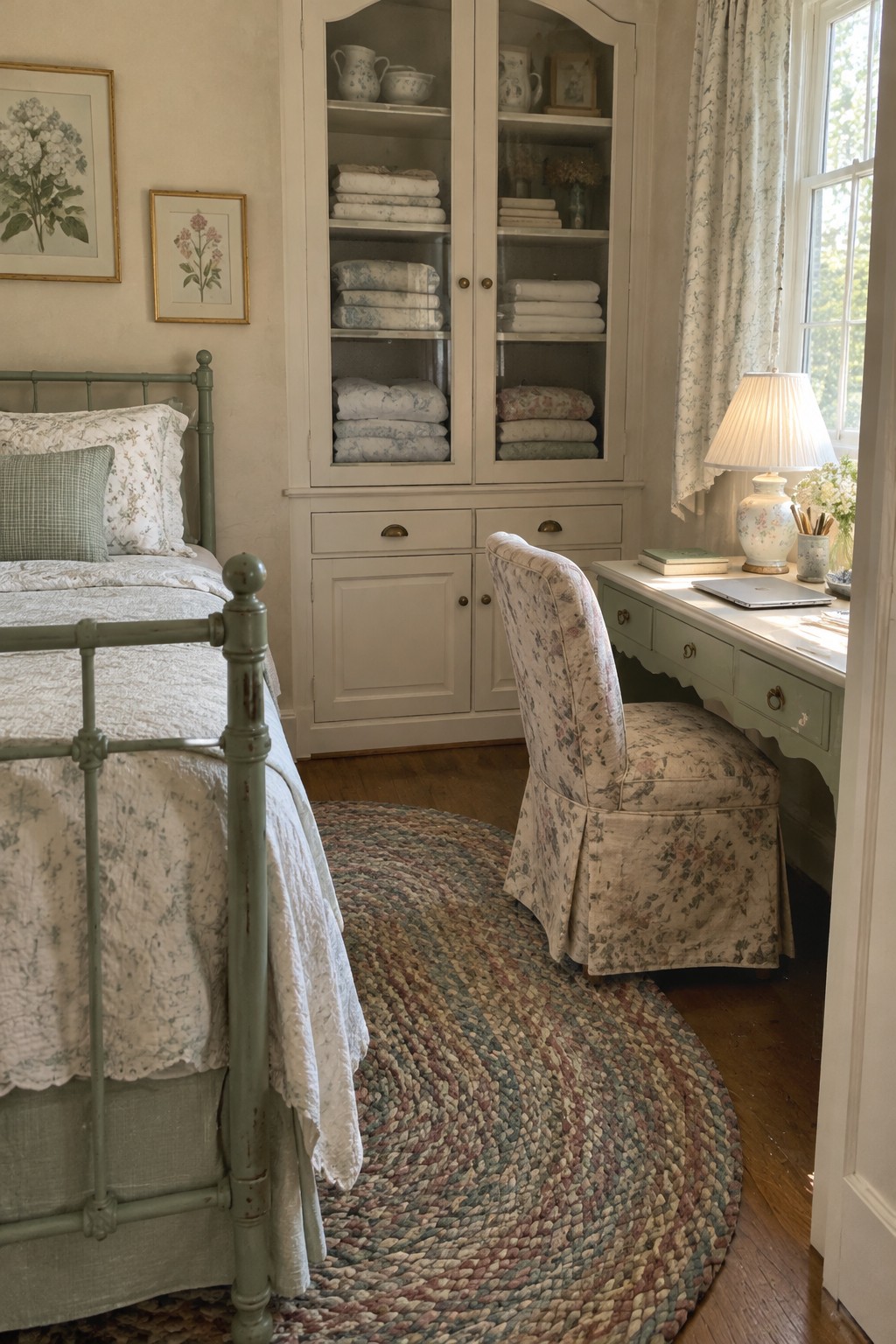 A bedroom interior with a queen bed on a green metal frame, a white desk with a floral chair and lamp near the window, and a tall white cabinet with glass doors holding folded linens.
