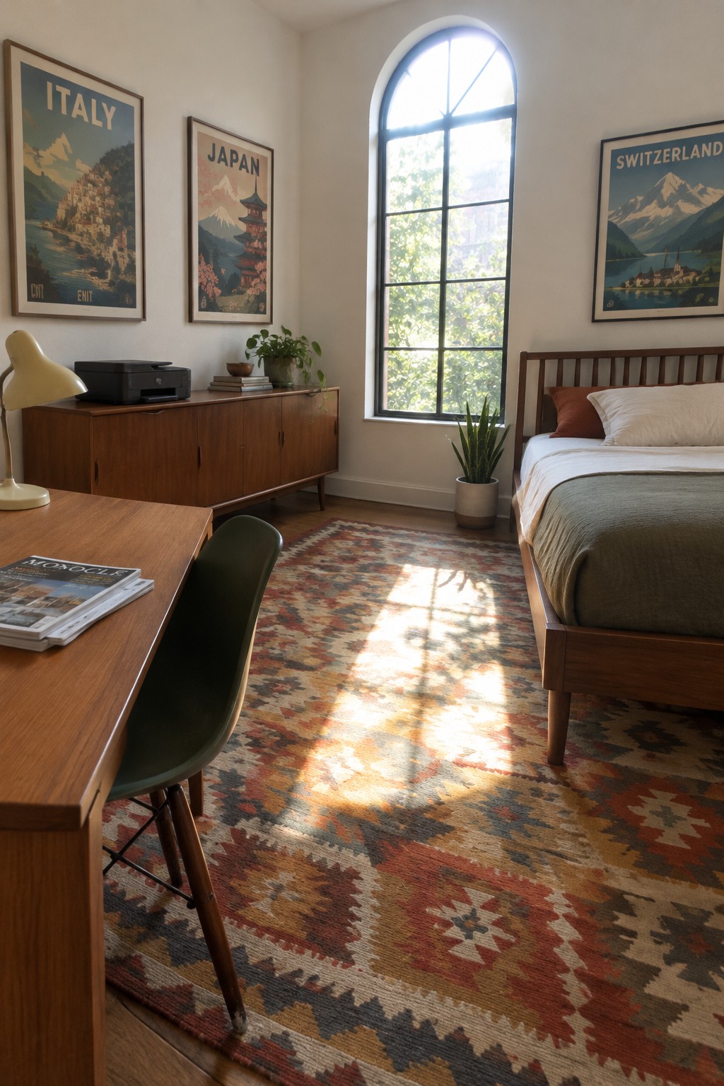 Sunlit mid-century bedroom with wooden desk, bed, patterned rug, and travel posters.