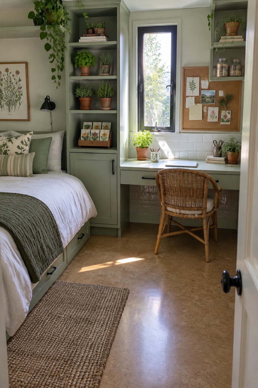 A bedroom with a queen bed on the left and a sage green built-in desk and shelving unit on the right under a window, with a wicker chair and many potted plants on the shelves.