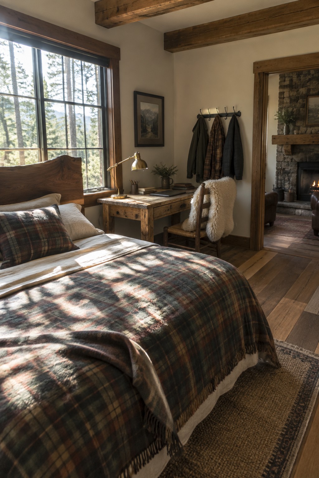 A bedroom with a queen bed in plaid bedding and a wooden desk with chair positioned near a large window overlooking trees.