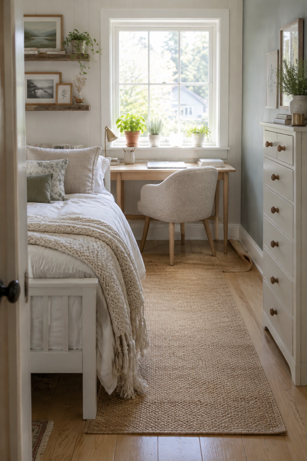 A small bedroom with a white queen bed on the left and a light wood desk with a boucle chair placed under a large window, next to a tall white dresser on the right.