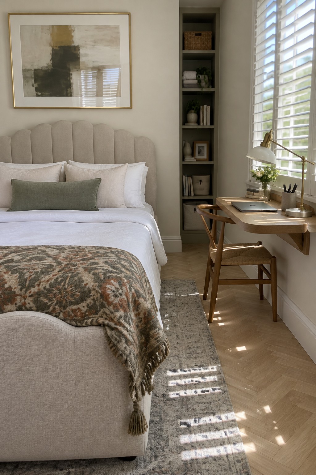A bedroom with a queen bed on the left and a wall-mounted wooden desk with chair on the right, separated by a built-in bookshelf niche under a window with shutters.