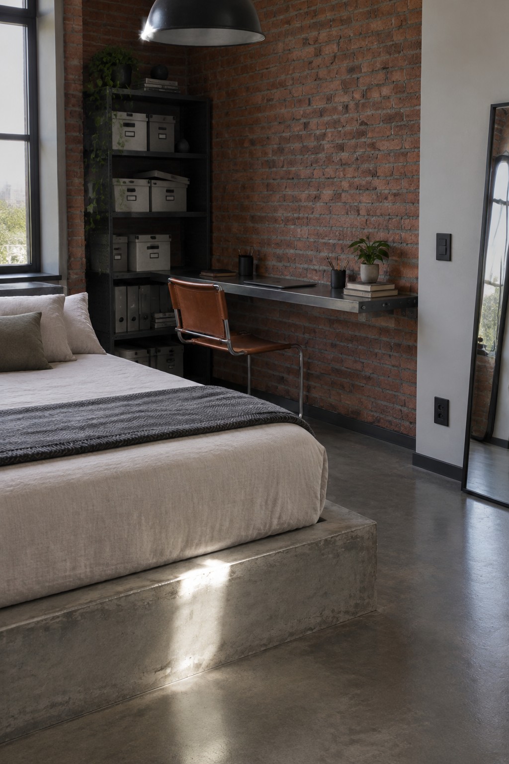 A bedroom interior showing a queen bed on a concrete platform, a wall-mounted floating desk against a red brick wall, and a brown leather chair positioned under the desk.